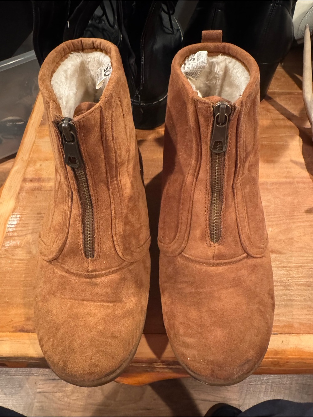 Brown Suede Zip Front Winter Ankle Boots